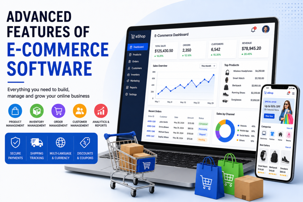Advanced e-commerce software dashboard with online shopping features